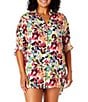 Color:Multi Color - Image 1 - Plus Size Sun Blossom Floral Print Point Collar Neck Button Front Swim Cover-Up Boyfriend Shirt
