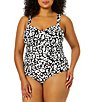 Color:White/Black - Image 1 - Plus Size Wild Cat Animal Print Sweetheart Neck Twist Front Shirred One Piece Swimsuit