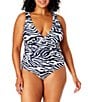 Color:Navy/White - Image 1 - Plus Size Zebra Shadow Plunge V-Neck Shirred Banded One Piece Swimsuit