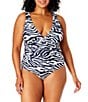 Anne Cole Plus Size Zebra Shadow Plunge V-Neck Shirred Banded One Piece Swimsuit, Color:Navy/White - Image 1