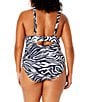 Color:Navy/White - Image 2 - Plus Size Zebra Shadow Plunge V-Neck Shirred Banded One Piece Swimsuit