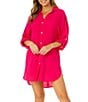 Color:Magenta - Image 1 - Solid Point Collar Button Front Cover-Up Boyfriend Shirt Dress