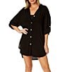 Color:Black - Image 1 - Solid Point Collar Button Front Cover-Up Boyfriend Shirt Dress