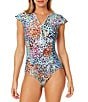 Color:Multi Color - Image 1 - Sunset Dot Printed High Neck Flutter Sleeve Front Zip One Piece Swimsuit