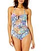 Color:Multi Color - Image 1 - Sunset Dot Printed Keyhole Sweetheart Neck One Piece Swimsuit