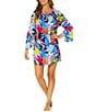 Color:Multi - Image 1 - Tropic Stamp Crinkle Bell Sleeve Swim Cover-Up Tunic