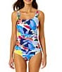 Color:Multi - Image 1 - Tropic Stamp Rectangle Ring Detail Strap One Piece Swimsuit