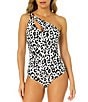Color:Black/White - Image 1 - Wild Cat One Shoulder Animal Print Full Coverage One Piece Swimsuit