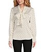 Color:Anne White/Anne Black - Image 1 - Charmeuse Satin Dotted Print Band Collar Long Sleeves Button-Front Bow Blouse