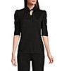 Color:Anne Black - Image 1 - Harmony Knit Tie Mock Neck Short Elbow Puffed Sleeve Top