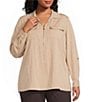 Anne Klein Plus Size Half Zip Roll Sleeve Twill Top - Image 1