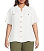 Anne Klein Plus Size Mandarin Collar Flutter Short Sleeve Button Front Top, Color:White Dove - Image 1