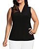 Color:Black - Image 1 - Plus Size Sleeveless Jersey Knit Pleated V-Neck Shell