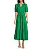 Anne Klein Poplin V-Neck Short Puff Sleeve Waist Tie Blouson Midi Dress, Color:Green Clove - Image 1