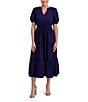 Anne Klein Poplin V-Neck Short Puff Sleeve Waist Tie Blouson Midi Dress, Color:Distant Mountain - Image 1