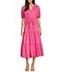 Anne Klein Poplin V-Neck Short Puff Sleeve Waist Tie Blouson Midi Dress, Color:Carmine Rose - Image 1