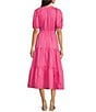 Anne Klein Poplin V-Neck Short Puff Sleeve Waist Tie Blouson Midi Dress, Color:Carmine Rose - Image 2