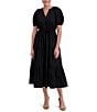 Anne Klein Poplin V-Neck Short Puff Sleeve Waist Tie Blouson Midi Dress, Color:Anne Black - Image 1