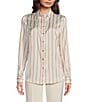 Anne Klein Satin Stripe Point Collar Long Sleeve Button Front Blouse, Color:White Dove Multi - Image 1