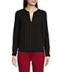 Color:Anne Black - Image 1 - Split Round Neck Pleated Front Long Sleeve Blouse