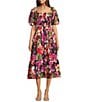 Anne Klein Square Neck Puff Sleeve Smocked Floral Printed Cotton Voile A-Line Midi Dress, Color:Black Multi - Image 1