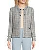 Color:Opal Blue Multi - Image 1 - Tweed Round Neck Patch Pocket Long Sleeve Fringe Jacket