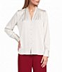 Anne Klein V-Neck Button Front Long Sleeve Pleated Cuff Satin Blouse - Image 1