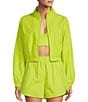 Color:Lime Green - Image 1 - Active Aspire Parachute Crinkle Water Resistant Crop Zip Front Pocketed Coordinating Windbreaker Jacket