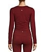 Antonio Melani Active Ruched Crew Neck Long Sleeve Fitted Coordinating Crop Top, Color:Burgundy - Image 2