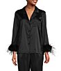 Color:Black - Image 1 - Angeline Notch Collar Long Sleeve Feathered Button Front Silk Top