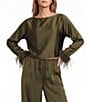 Antonio Melani Blyss Drapey Satin Boat Neck Long Sleeve Feather Cuff Blouse - Image 5