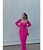 Color:Raspberry - Image 3 - Bubble Smocked Knit Square Neck Long Sleeve Lucie Midi Sheath Dress