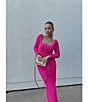 Color:Raspberry - Image 6 - Bubble Smocked Knit Square Neck Long Sleeve Lucie Midi Sheath Dress