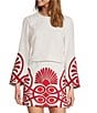 Antonio Melani Coordinating Edina Printed Linen Blend Round Neck Long Sleeve Blouse, Color:Red Scroll - Image 1