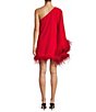 Color:Cherry - Image 2 - Cosima One Sleeve Asymmetrical Neckline Feather Trim Dress