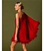 Color:Cherry - Image 6 - Cosima One Sleeve Asymmetrical Neckline Feather Trim Dress