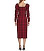 Antonio Melani Elena Plaid Square Neck Long Ruched Sleeve Dress, Color:Red Tartan - Image 2