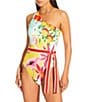 Antonio Melani Flamingos Ribbon Belt Cut Out One Shoulder One Piece Swimsuit, Color:Multi - Image 1