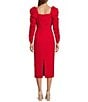 Color:Cherry - Image 2 - Francine Square Neck Long Ruched Sleeve Dress