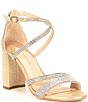 Color:Bespoked Nude/Glimmer Gold - Image 1 - Garlini Rhinestone Embellished Strappy Block Heel Dress Sandals