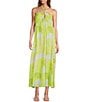 Color:Lime Palm - Image 1 - Kiri Palm Printed Satin Halter Neck Sleeveless Dress