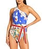 Antonio Melani Map Ribbon Belt Cut Out One Shoulder One Piece Swimsuit, Color:Multi - Image 1
