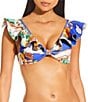 Antonio Melani Map V-Neck Bonded Ruffle Bralette Swim Top, Color:Multi - Image 1