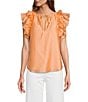 Color:Apricot - Image 1 - Meadow Split V-Neck Short Puff Ruffle Sleeve Blouse