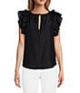 Color:Navy - Image 1 - Meadow Split V-Neck Short Puff Ruffle Sleeve Blouse