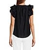 Color:Navy - Image 2 - Meadow Split V-Neck Short Puff Ruffle Sleeve Blouse