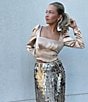 Color:Gold - Image 6 - Myla Drapey Satin Square Neck Long Sleeve Blouse