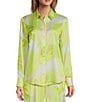 Color:Lime Palm - Image 1 - Polina Printed Satin Twill Button Front Long Sleeve Coordinating Collar Shirt