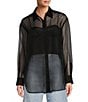 Color:Black - Image 1 - Priscilla Organza Sheer Long Sleeve Button Front Blouse