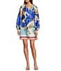 Antonio Melani Raffaella Key Hole Tie Neck Long Sleeve Belted Mini Dress, Color:Ocean Print - Image 1